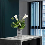 Modern Sculptural Calla Lily & Green Palm Arrangement in Crystal Vase - OpalFloarl-Premium artificial flowers and elegant vases to elevate your home decor.