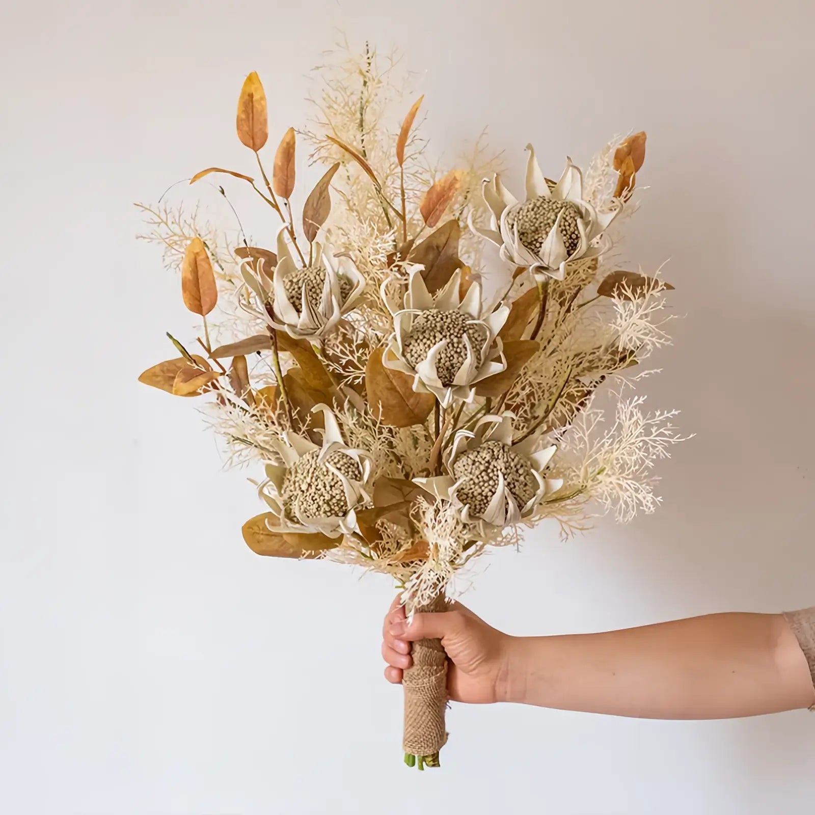 Opalfloral Artificial Protea and Foliage Bouquet - Unique Golden Arrangement - OpalFloarl-Premium artificial flowers and elegant vases to elevate your home decor.