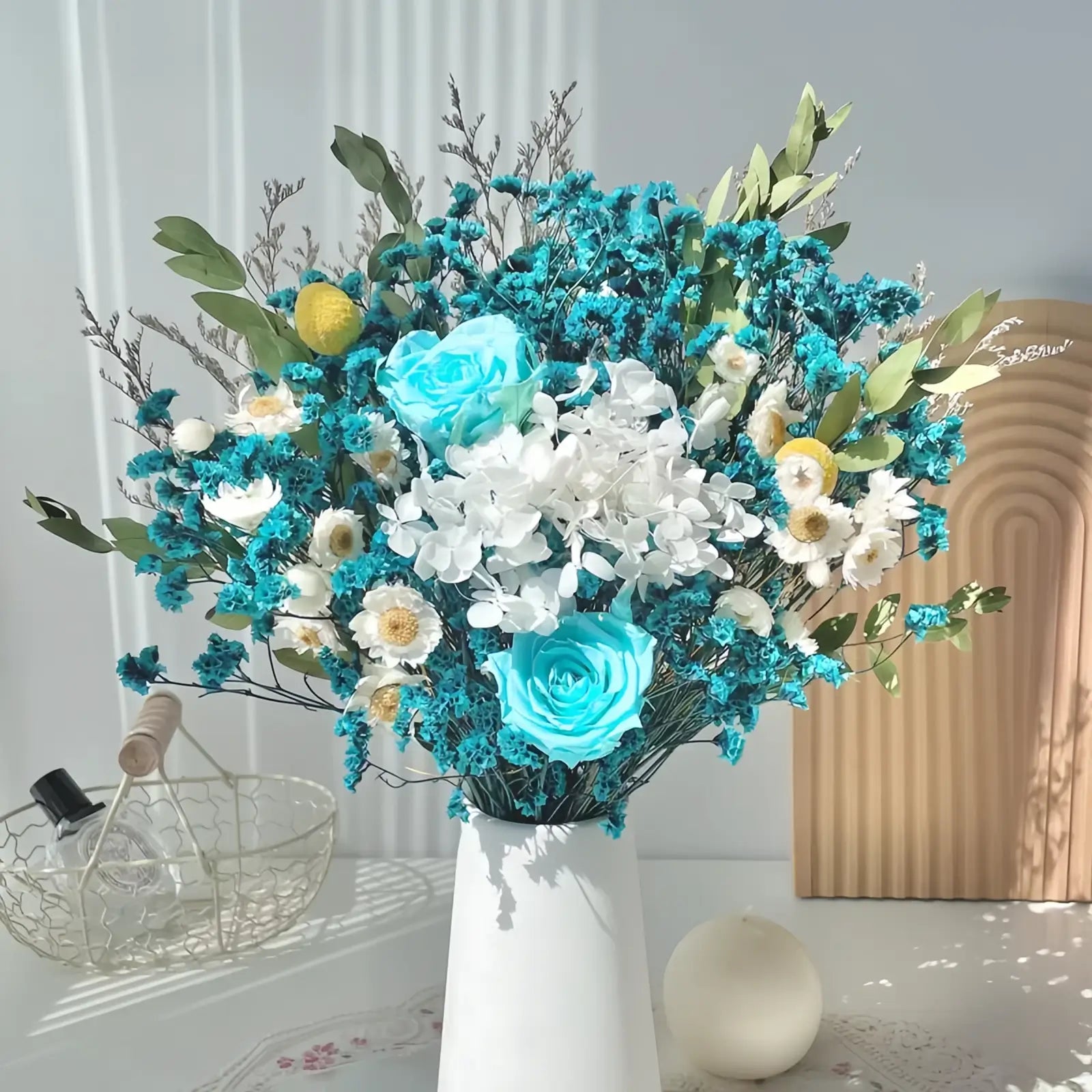 Opalfloral Blue Rose and Hydrangea Dried Flower Bouquet - OpalFloarl-Premium artificial flowers and elegant vases to elevate your home decor.