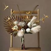 Opalfloral Bohemian Dried Floral Arrangement with Protea, Palm, and Pampas Grass in Dark Glass Vase - OpalFloarl-Premium artificial flowers and elegant vases to elevate your home decor.