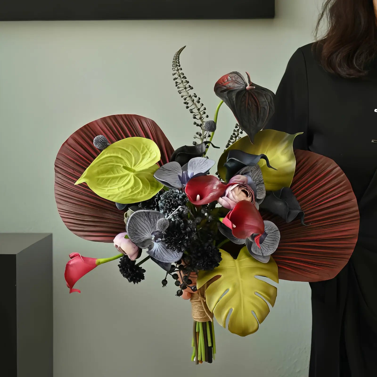 Opalfloral Bold Tropical Artificial Floral Arrangement with Anthurium and Calla Lilies in Glass Vase with Jute Rope - OpalFloarl-Premium artificial flowers and elegant vases to elevate your home decor.