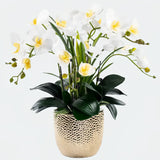 Opalfloral Classic White Orchid Arrangement in Gold Textured Metal Pot - OpalFloarl-Premium artificial flowers and elegant vases to elevate your home decor.