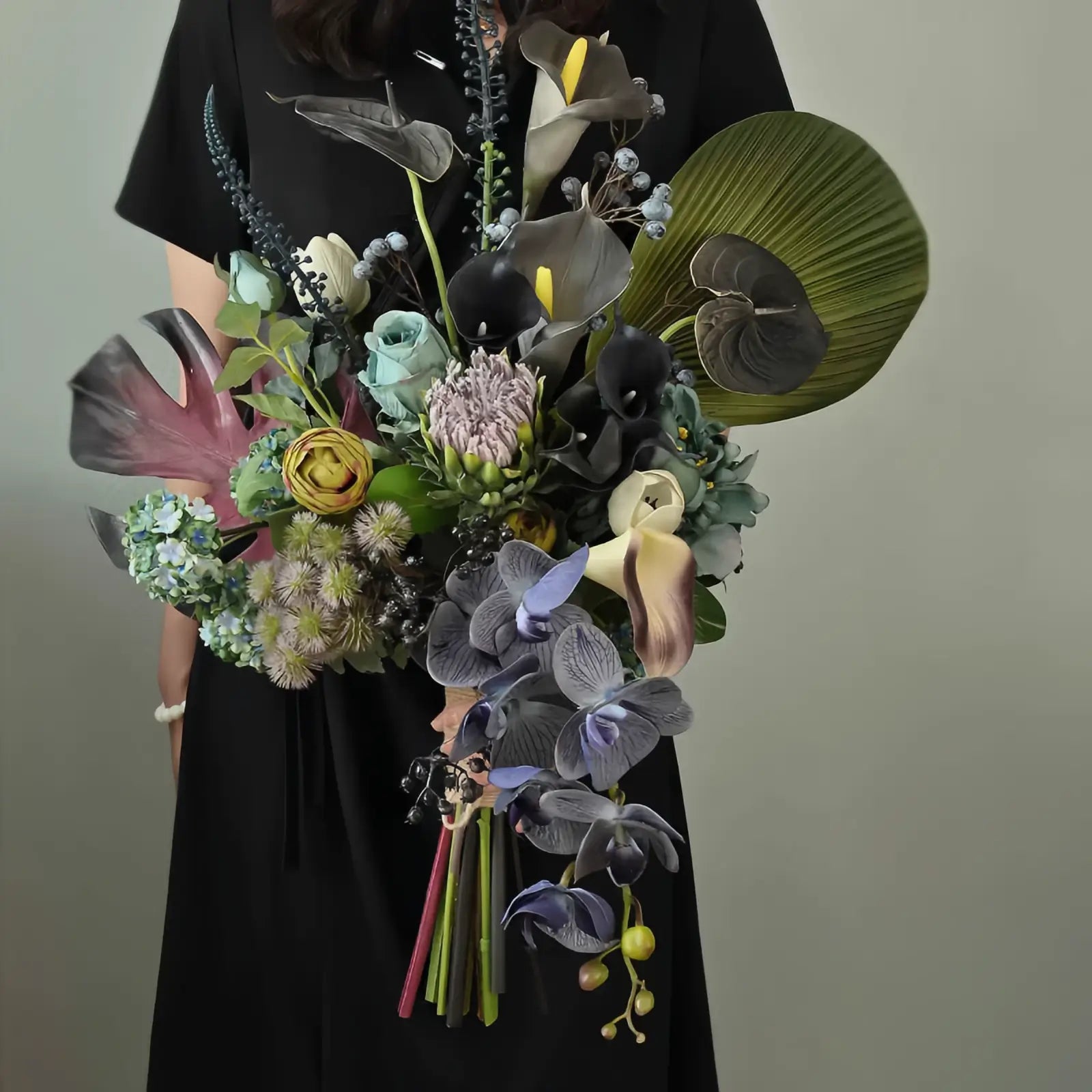 Opalfloral Grand Faux Floral Arrangement with Protea, Orchid, and Calla Lilies in Textured Glass Vase - OpalFloarl-Premium artificial flowers and elegant vases to elevate your home decor.