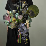 Opalfloral Grand Faux Floral Arrangement with Protea, Orchid, and Calla Lilies in Textured Glass Vase - OpalFloarl-Premium artificial flowers and elegant vases to elevate your home decor.