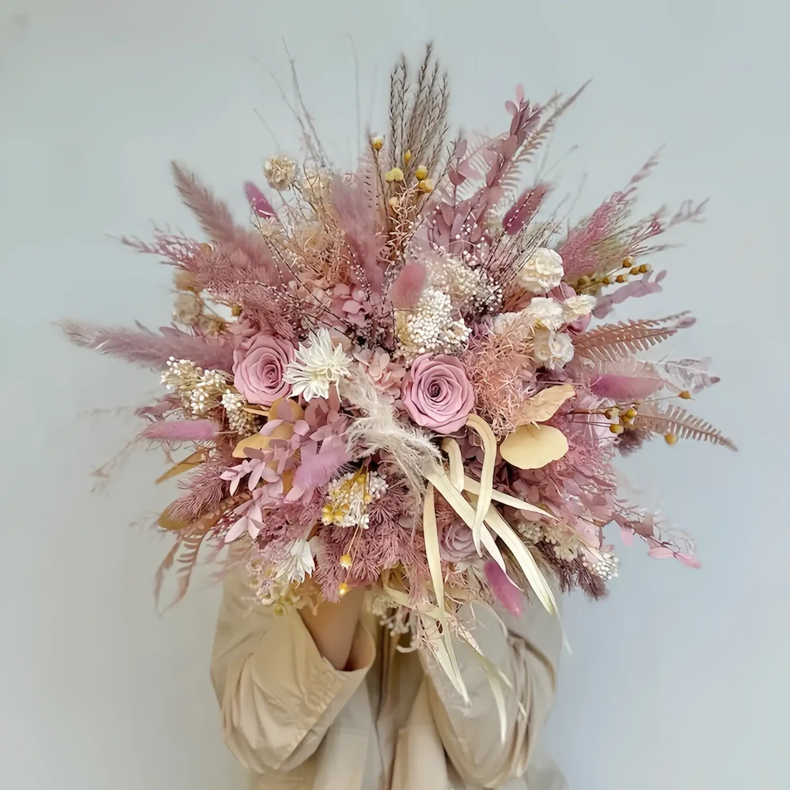Opalfloral Pink Rose and Fern Dried Flower Bouquet - Large & Small Sizes - OpalFloarl-Premium artificial flowers and elegant vases to elevate your home decor.