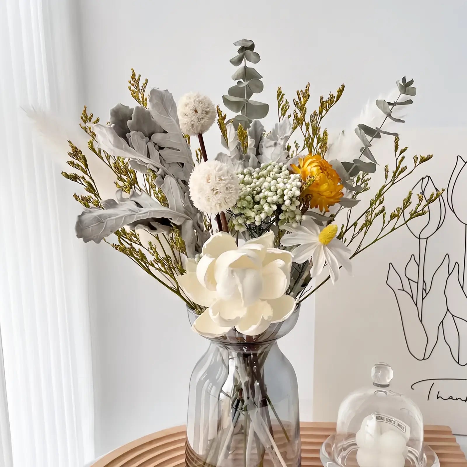 Opalfloral White Peony & Daisy Dried Flower Set – Elegant Centerpiece with Glass Vase, 13.8'' Tall - OpalFloarl-Premium artificial flowers and elegant vases to elevate your home decor.