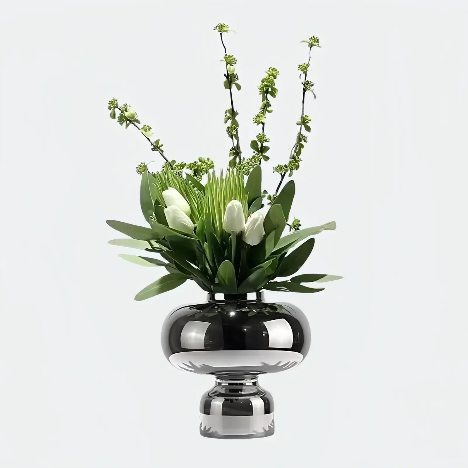 Opalfloral White Tulip and Greenery Artificial Arrangement with Silver Vase - Modern Elegance - OpalFloarl-Premium artificial flowers and elegant vases to elevate your home decor.