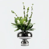 Opalfloral White Tulip and Greenery Artificial Arrangement with Silver Vase - Modern Elegance - OpalFloarl-Premium artificial flowers and elegant vases to elevate your home decor.