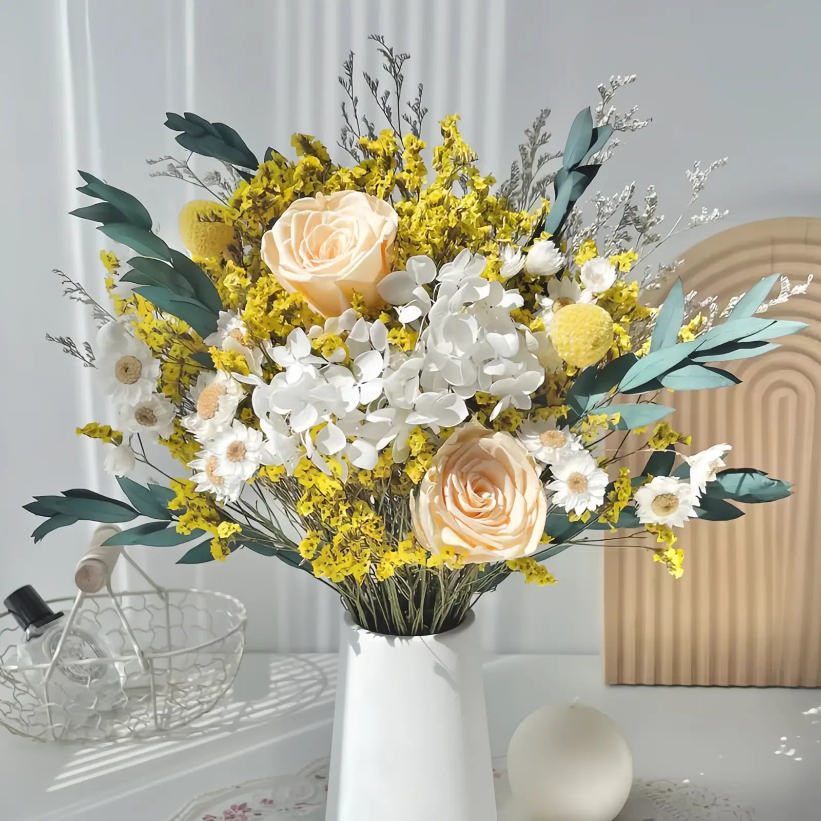 Opalfloral Yellow Rose and Hydrangea Dried Flower Bouquet - OpalFloarl-Premium artificial flowers and elegant vases to elevate your home decor.