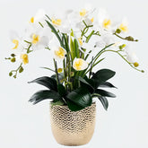 Opalfloral Classic White Orchid Arrangement in Gold Textured Metal Pot - OpalFloarl-Premium artificial flowers and elegant vases to elevate your home decor.
