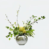 Opalfloral Minimalist Artificial Green Bonsai with Yellow and White Flowers in Gray Ceramic Wave Vase - OpalFloarl-Premium artificial flowers and elegant vases to elevate your home decor.