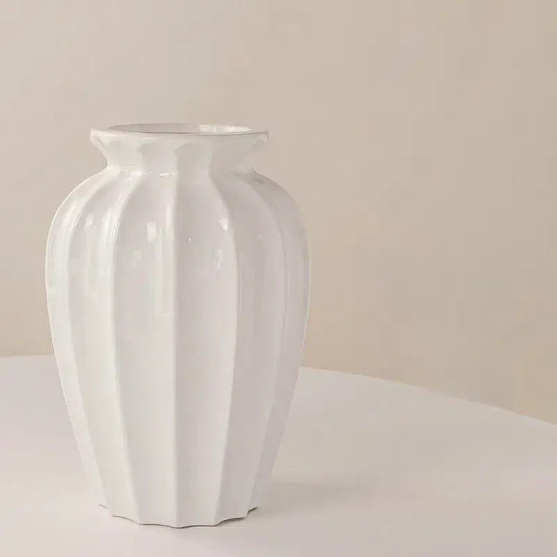 [10.2"] Elegant White Ceramic Vase with Fluted Design