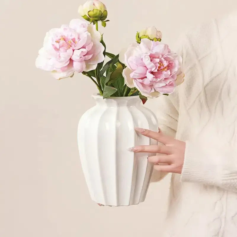 [10.2"] Elegant White Ceramic Vase with Fluted Design