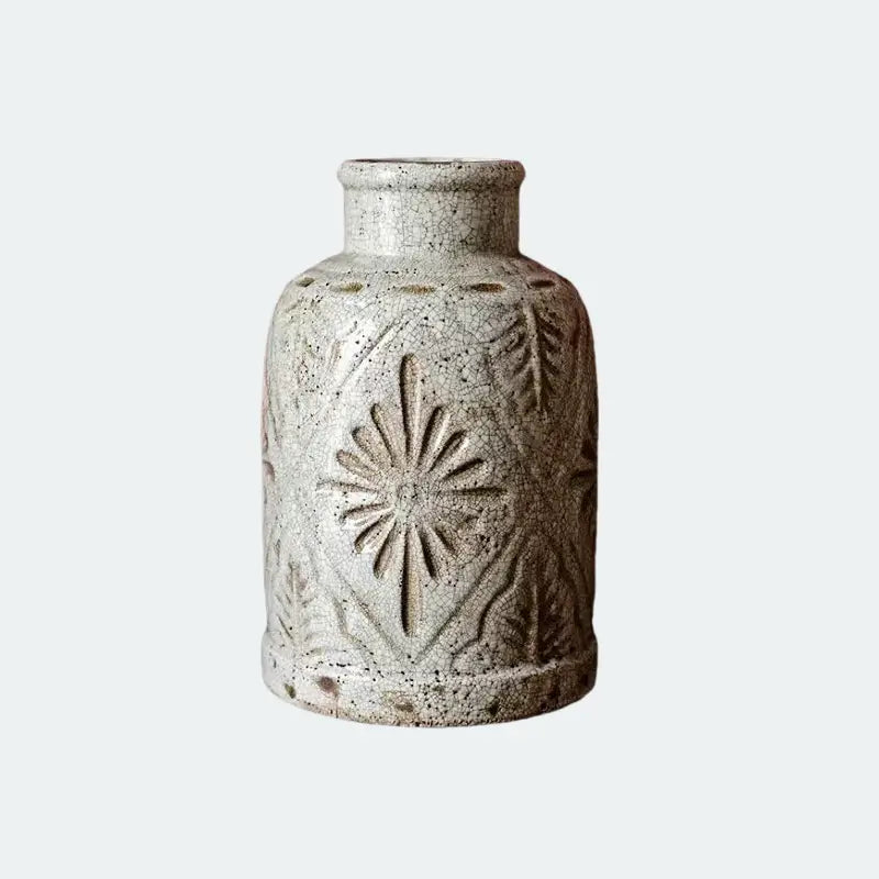 [12.8"] Vintage Floral Embossed Ceramic Vase in Distressed White