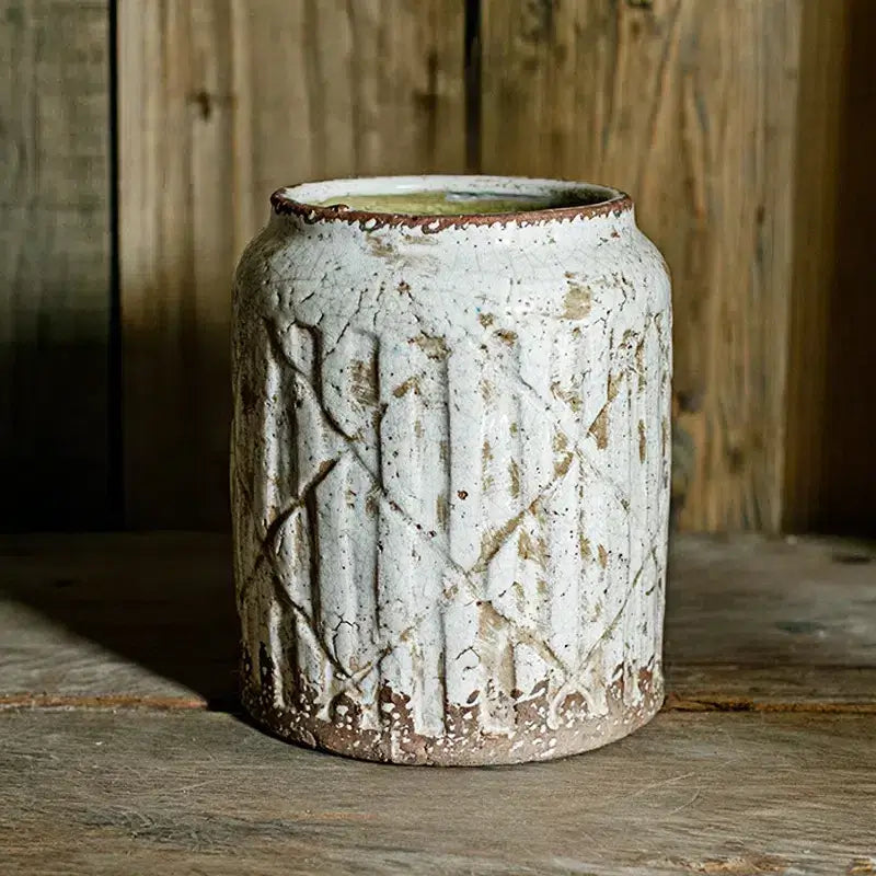 [9.3"] Rustic White Textured Ceramic Vase with Vintage Charm