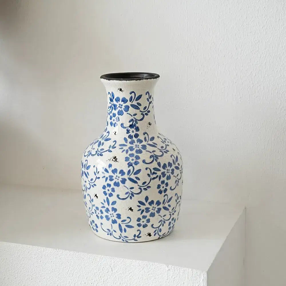 [10.4"] Blue and White Ceramic Vase with Classic Floral Motif