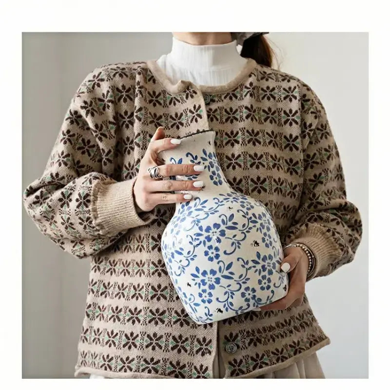 [10.4"] Blue and White Ceramic Vase with Classic Floral Motif