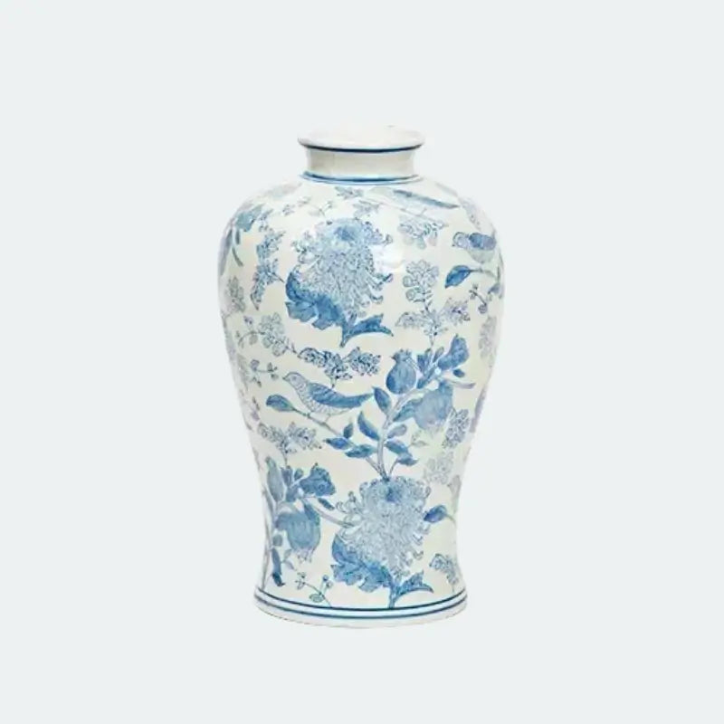 [12.4"] Blue and White Ceramic Vase with Classic Floral and Bird Motif