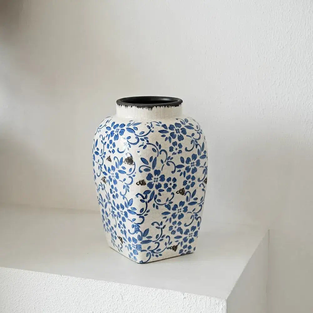 [10"] Blue and White Ceramic Vase with Floral Pattern