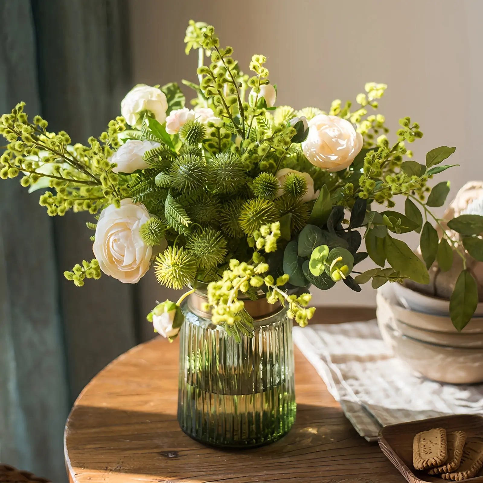 Elegant Green and Cream Artificial Floral Arrangement