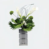 Modern Sculptural Calla Lily & Green Palm Arrangement in Crystal Vase