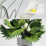 Modern Sculptural Calla Lily & Green Palm Arrangement in Crystal Vase