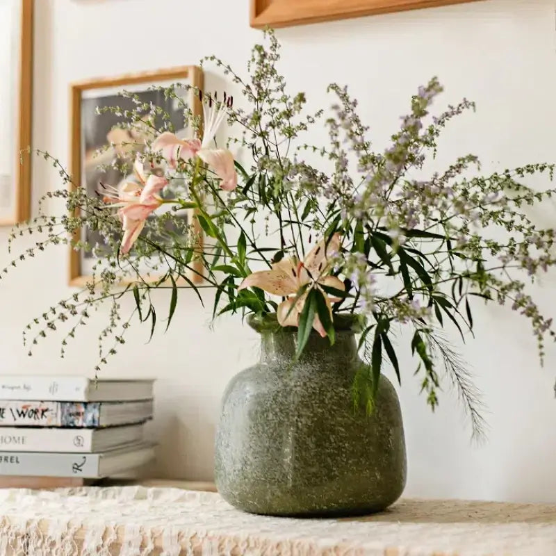 [9.1"] Moss Green Ceramic Vase with Wide Neck Design