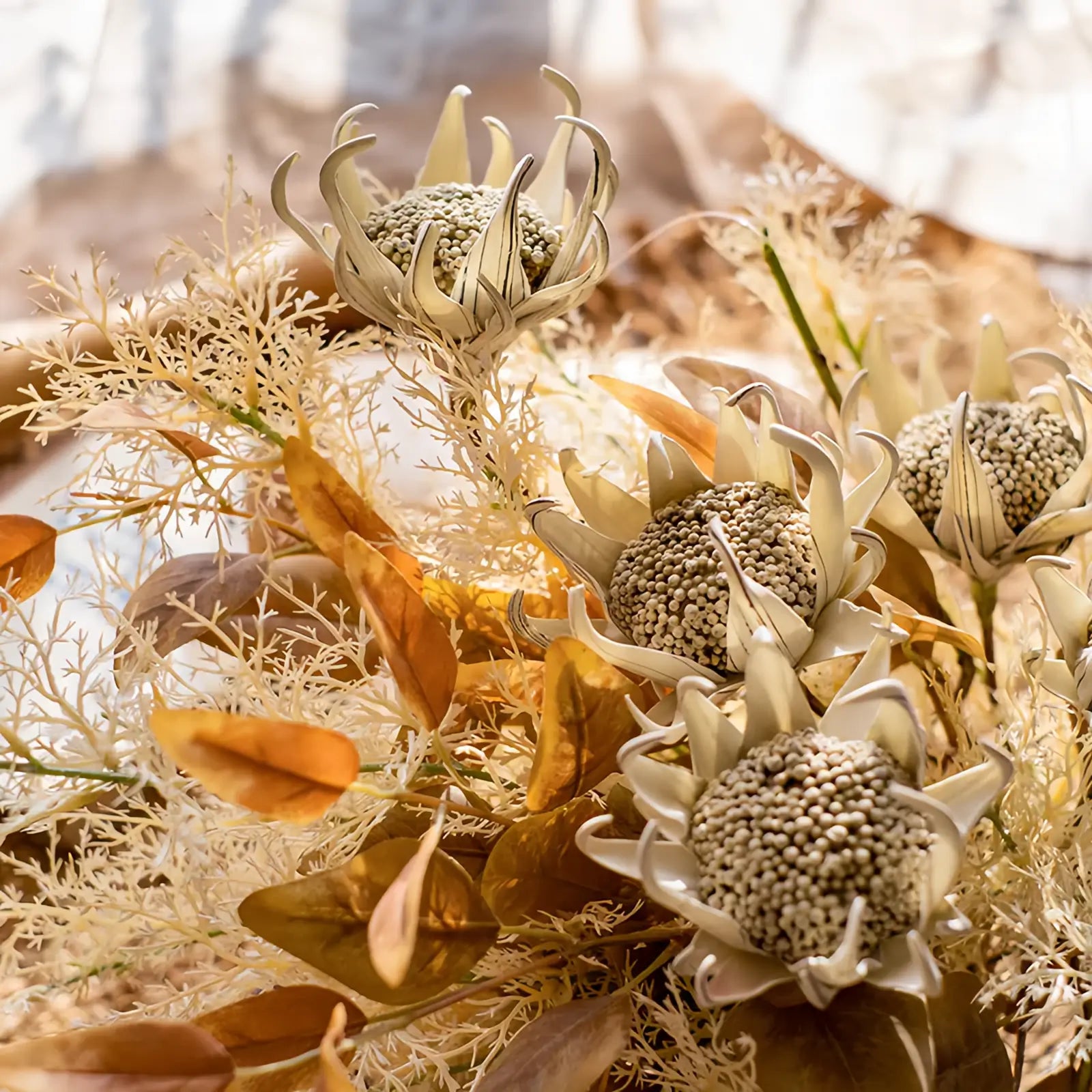 Opalfloral Artificial Protea and Foliage Bouquet - Unique Golden Arrangement