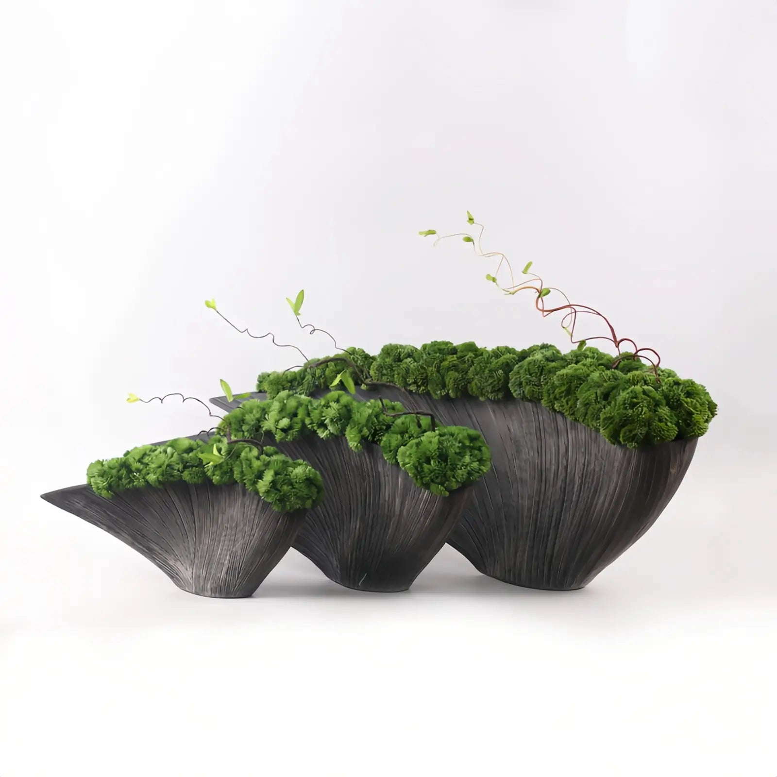 Opalfloral Artistic Faux Moss & Vine Arrangement in Fan-Shaped Ceramic Vessel