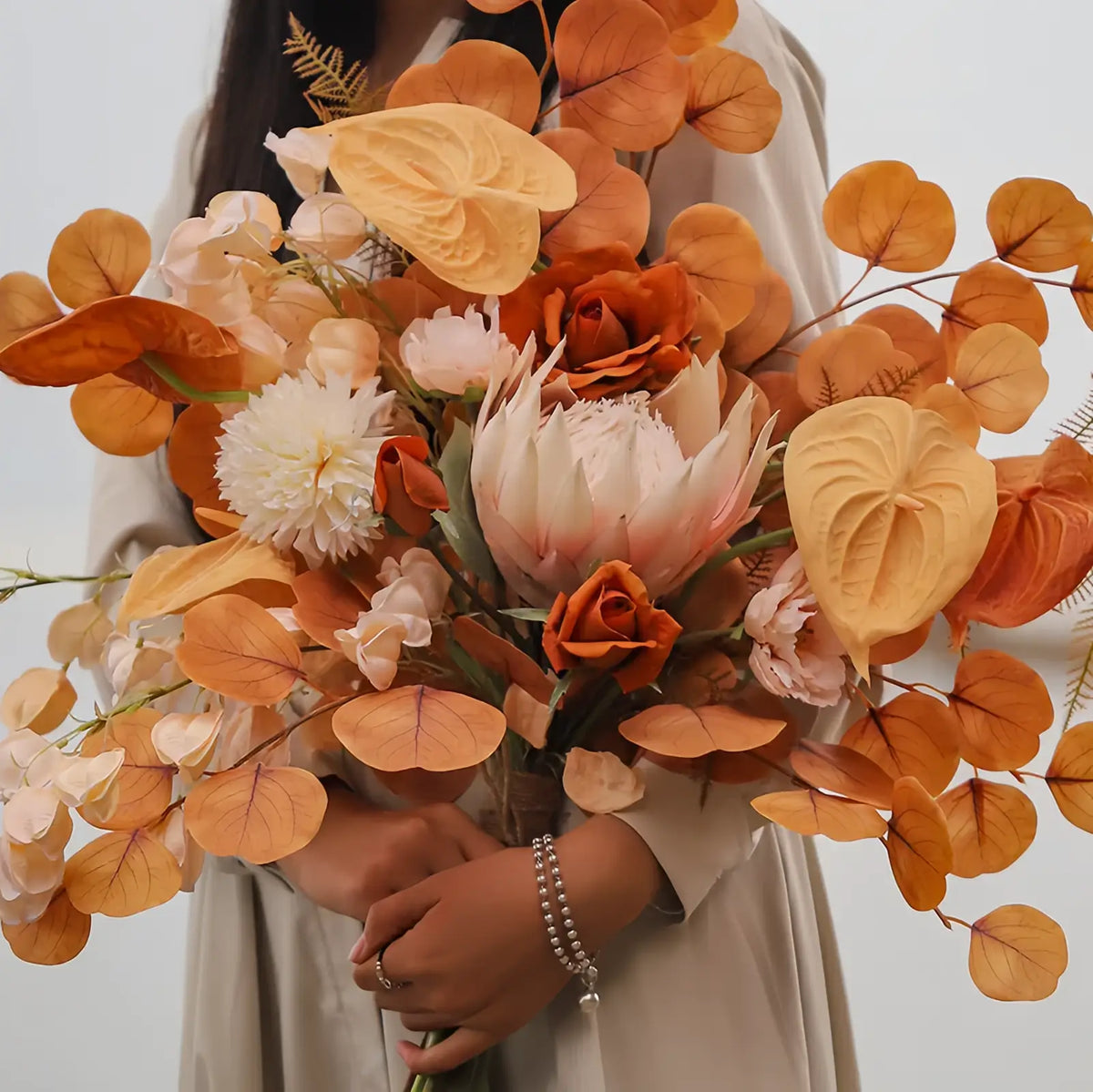 Opalfloral Autumn-Inspired Dried Floral Arrangement with Protea, Eucalyptus & Anthurium in Dark Glass Vase