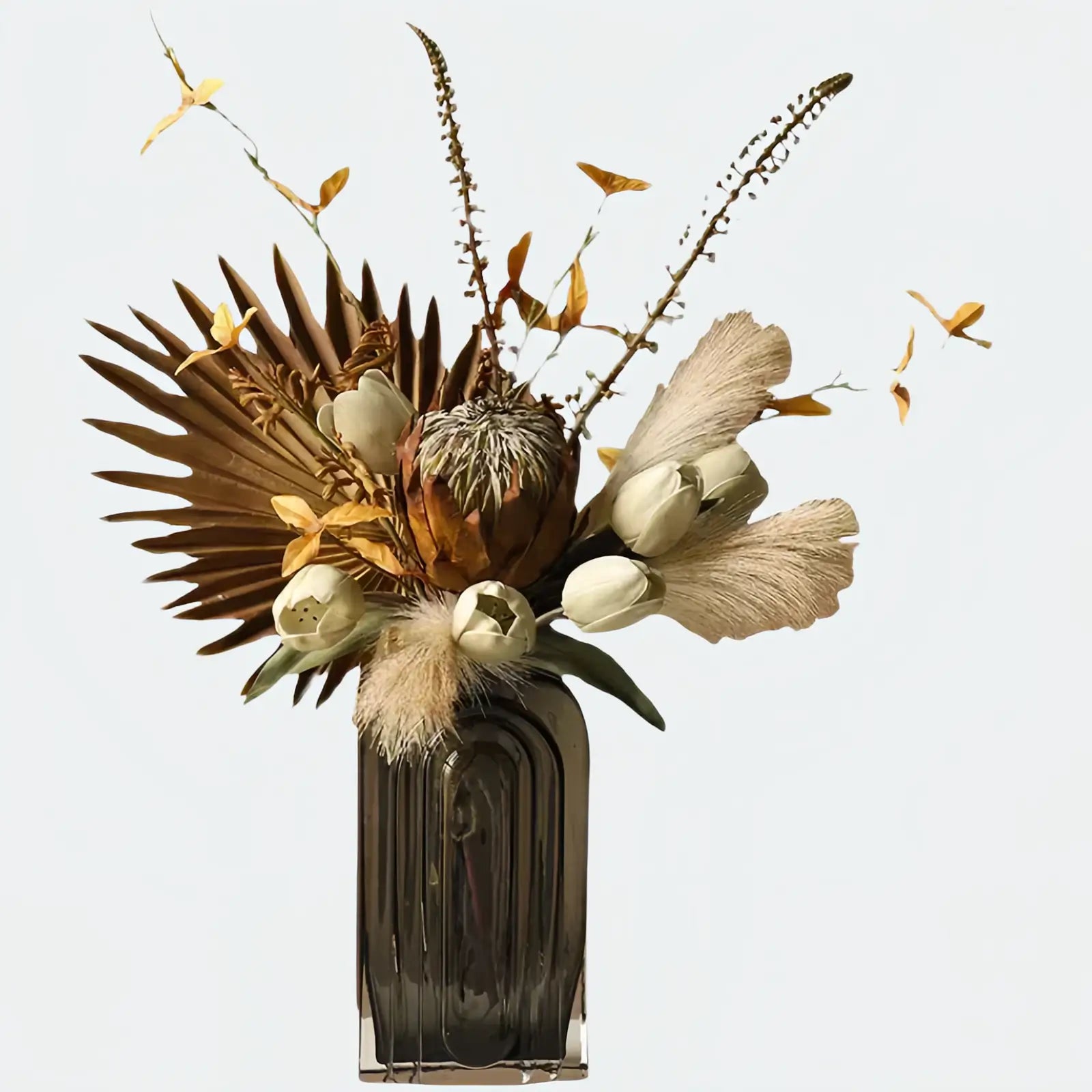 Opalfloral Bohemian Dried Floral Arrangement with Protea, Palm, and Pampas Grass in Dark Glass Vase