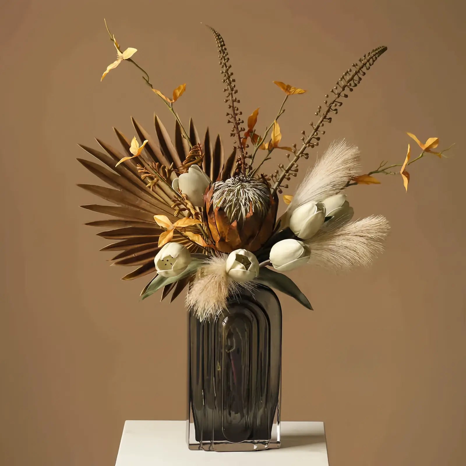 Opalfloral Bohemian Dried Floral Arrangement with Protea, Palm, and Pampas Grass in Dark Glass Vase