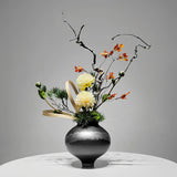 Opalfloral Classic Artificial Green Foliage and Yellow Flower Arrangement in Black Ceramic Vase