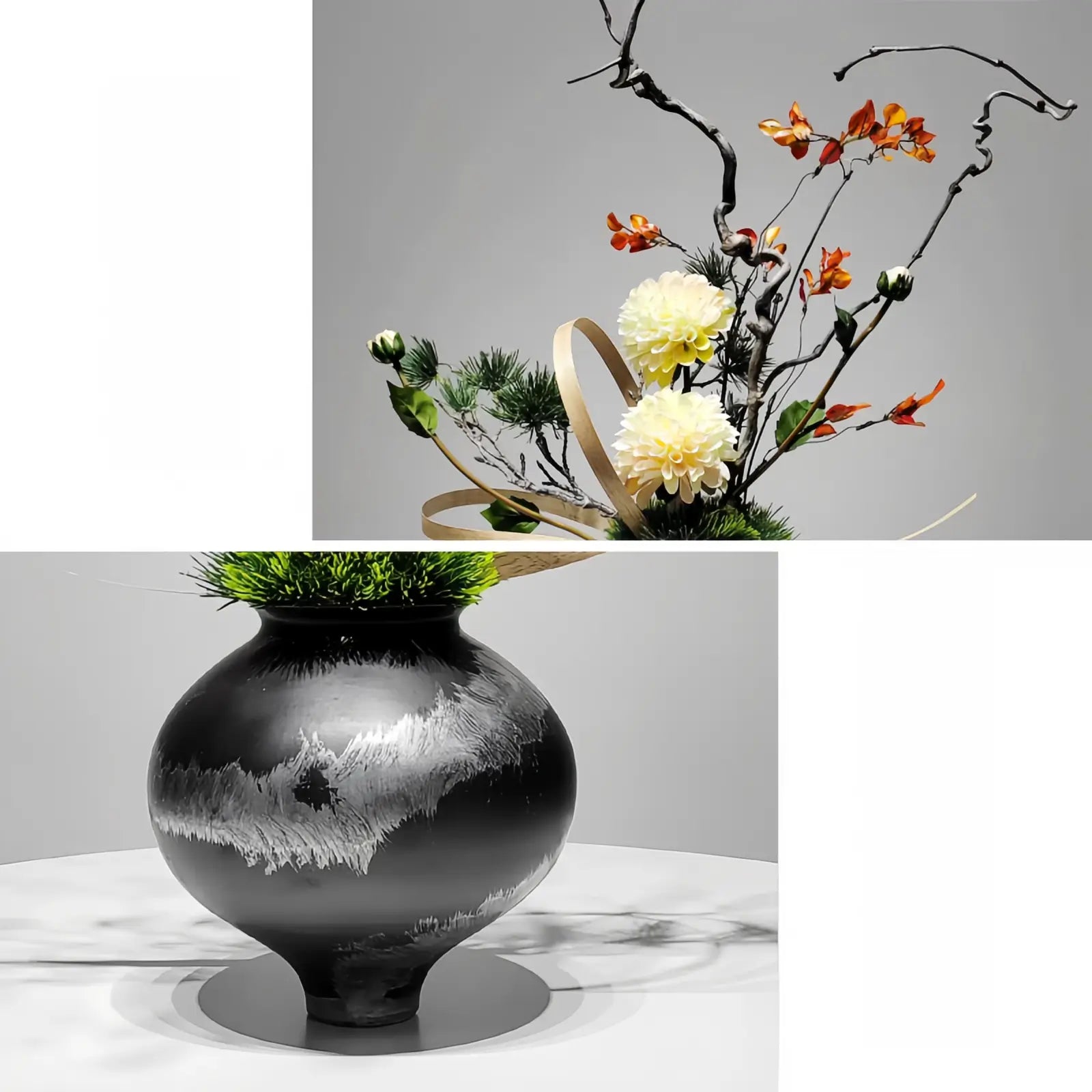 Opalfloral Classic Artificial Green Foliage and Yellow Flower Arrangement in Black Ceramic Vase