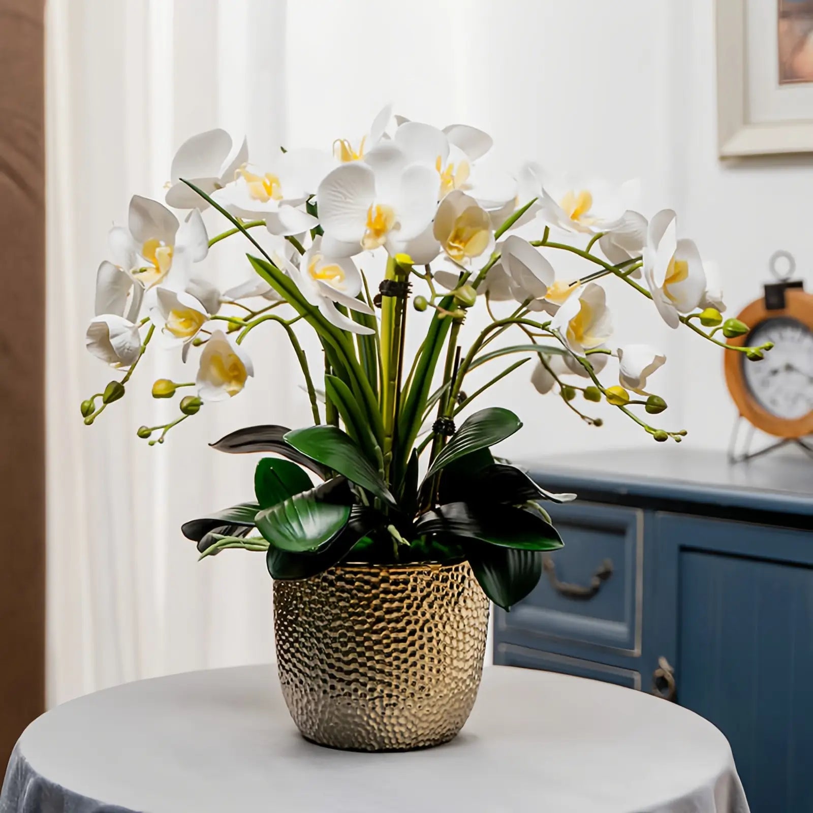 Opalfloral Classic White Orchid Arrangement in Gold Textured Metal Pot