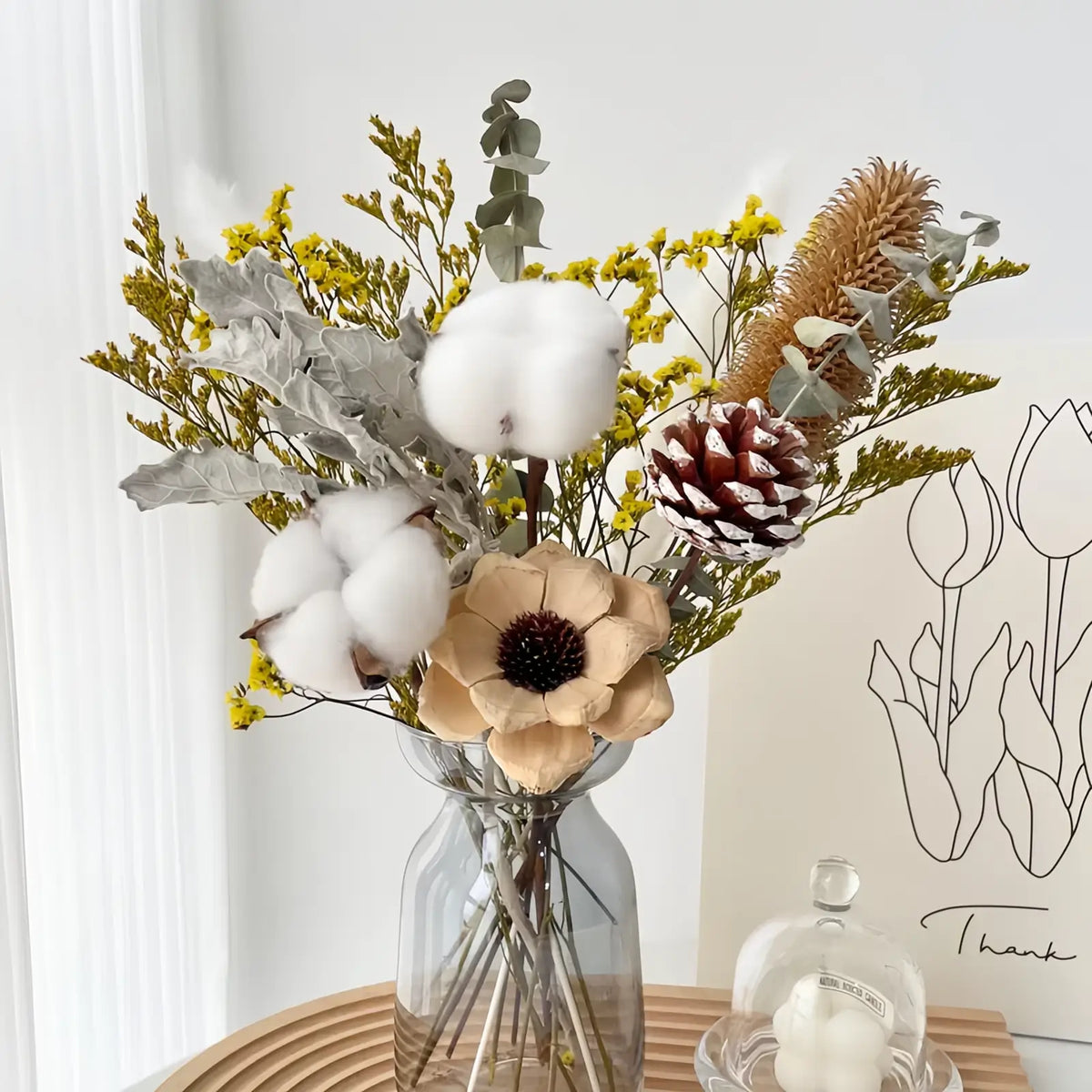 Opalfloral Cotton & Pinecone Dried Flower Set – Rustic Table Decor with Glass Vase, 13.8'' Tall