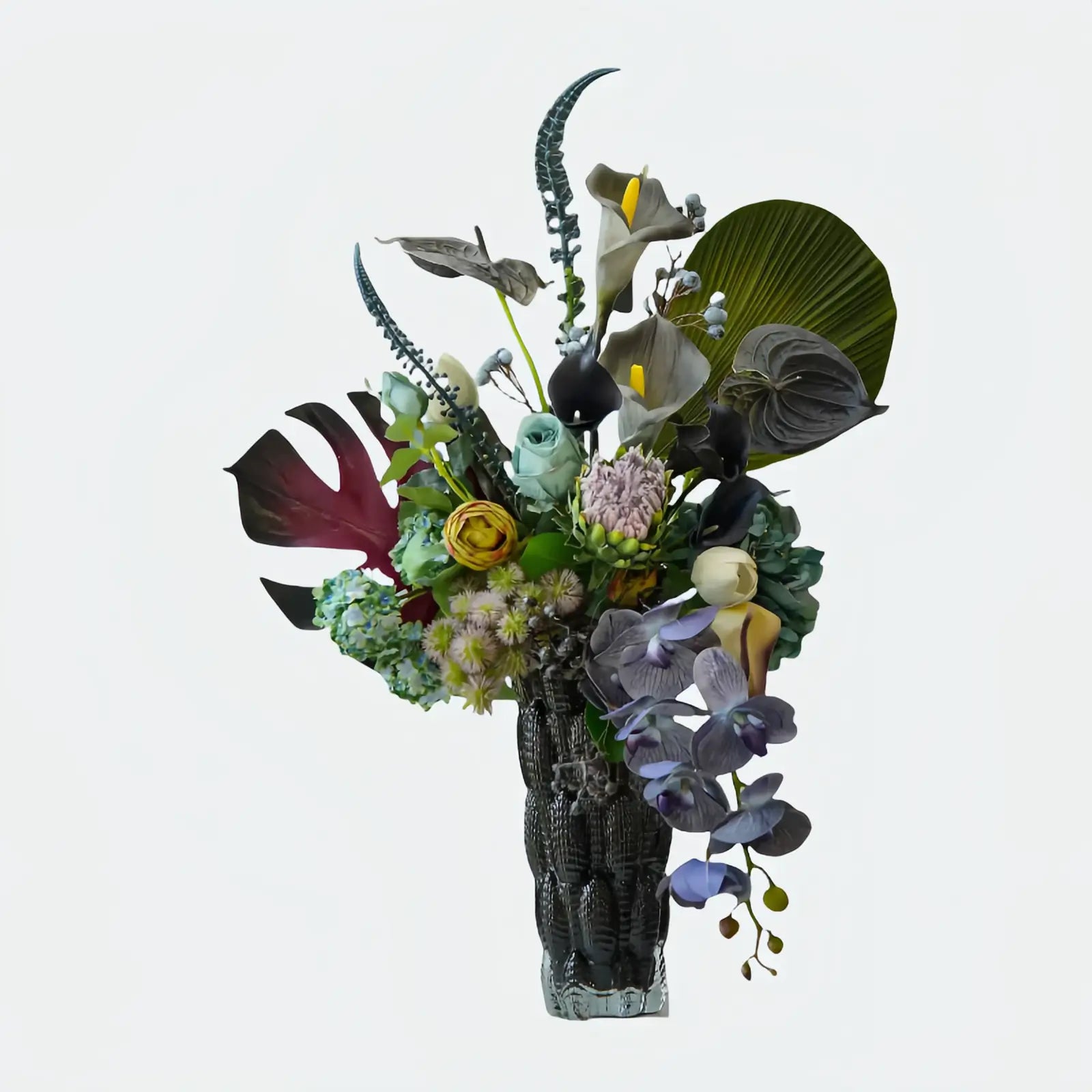 Opalfloral Grand Faux Floral Arrangement with Protea, Orchid, and Calla Lilies in Textured Glass Vase