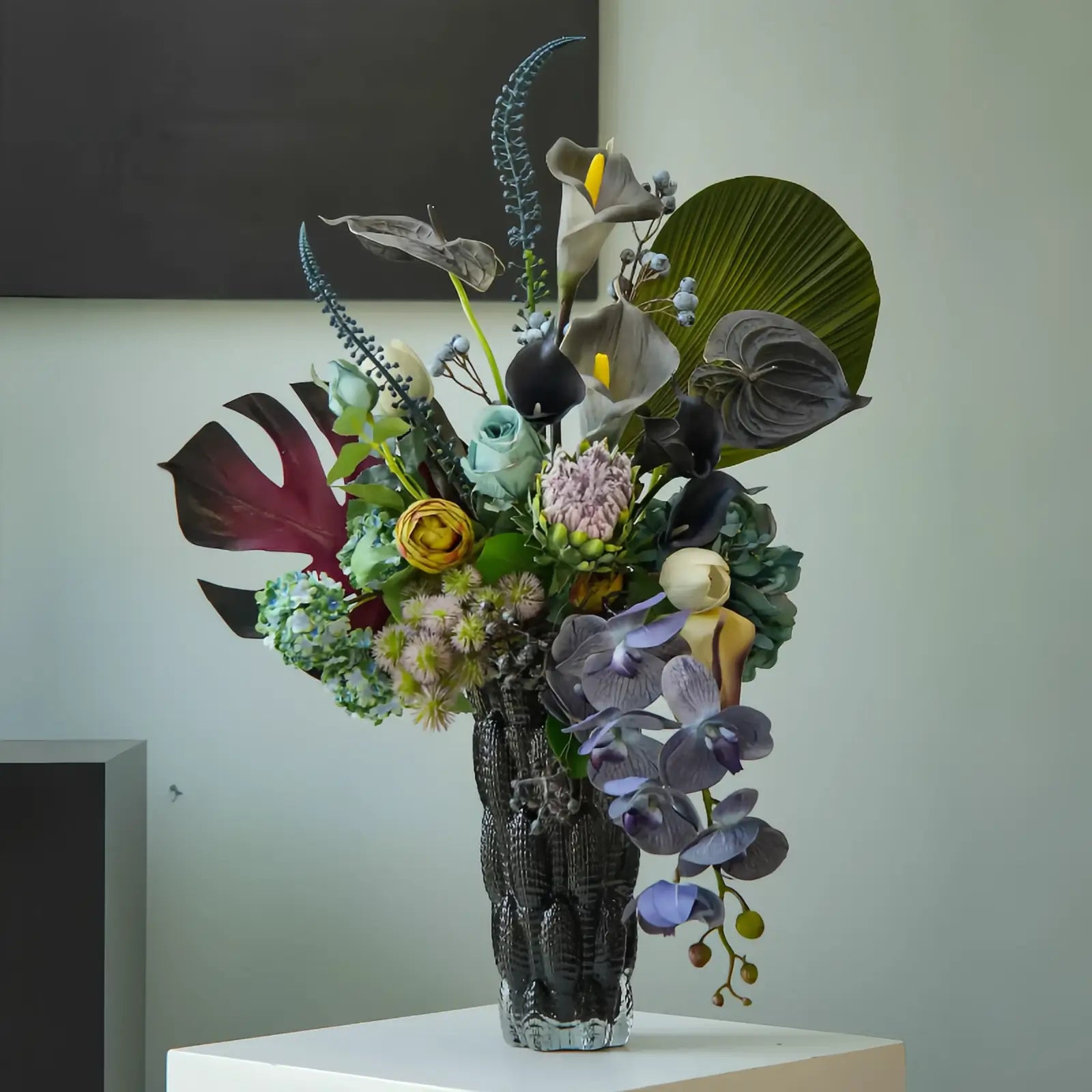 Opalfloral Grand Faux Floral Arrangement with Protea, Orchid, and Calla Lilies in Textured Glass Vase