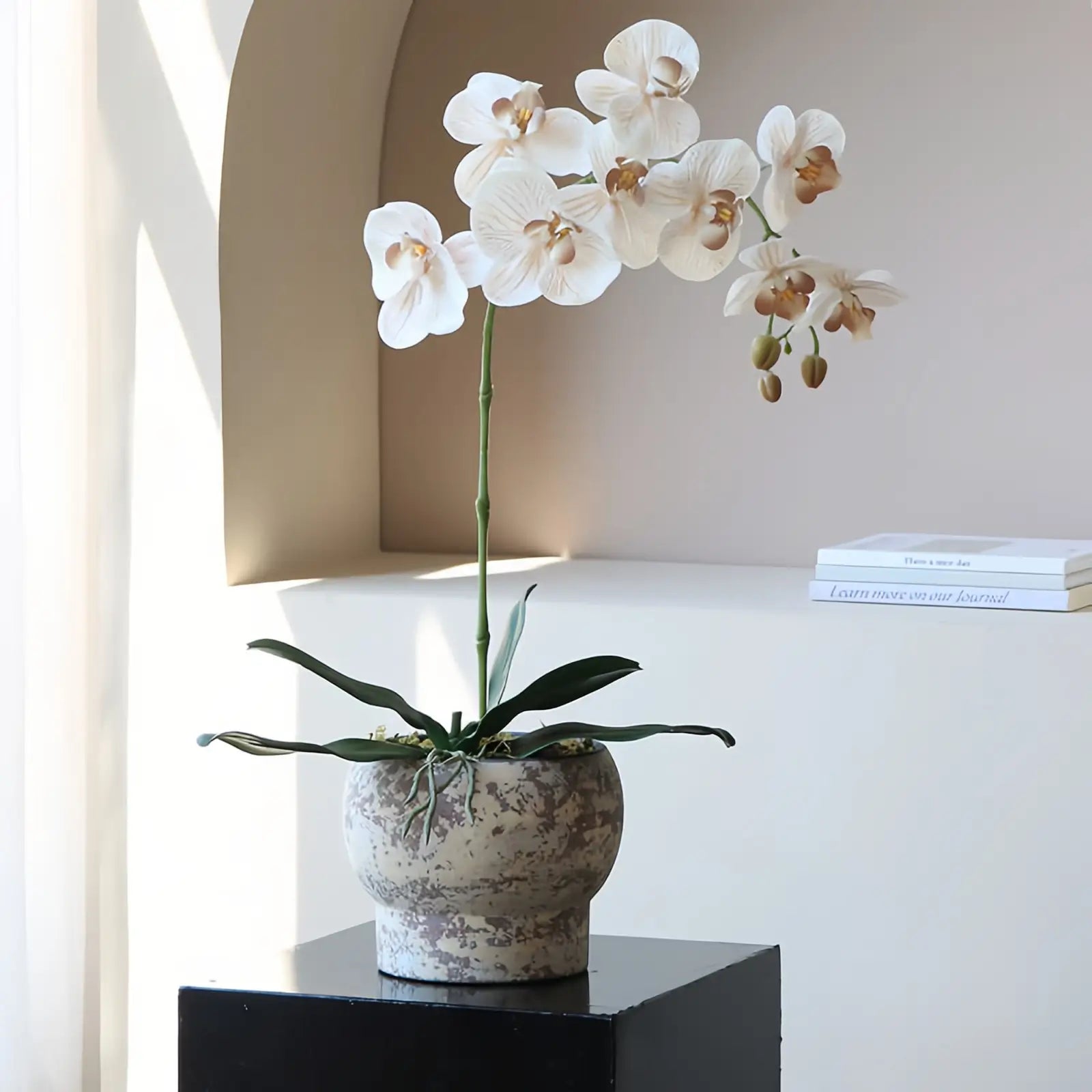 Opalfloral Luxurious Faux Orchid Arrangement in Stone-Textured Pot – White & Beige Models