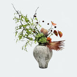 Opalfloral Modern Artistic Floral Arrangement with Palm Leaves and Anthurium in Rustic Ceramic Vase