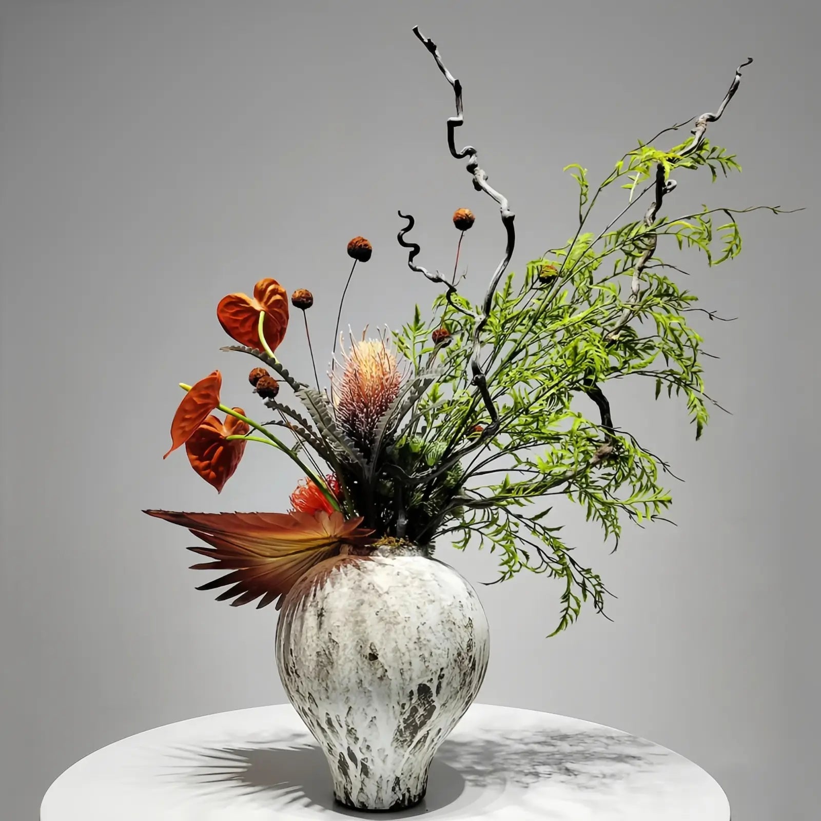 Opalfloral Modern Artistic Floral Arrangement with Palm Leaves and Anthurium in Rustic Ceramic Vase