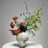 Opalfloral Modern Artistic Floral Arrangement with Palm Leaves and Anthurium in Rustic Ceramic Vase