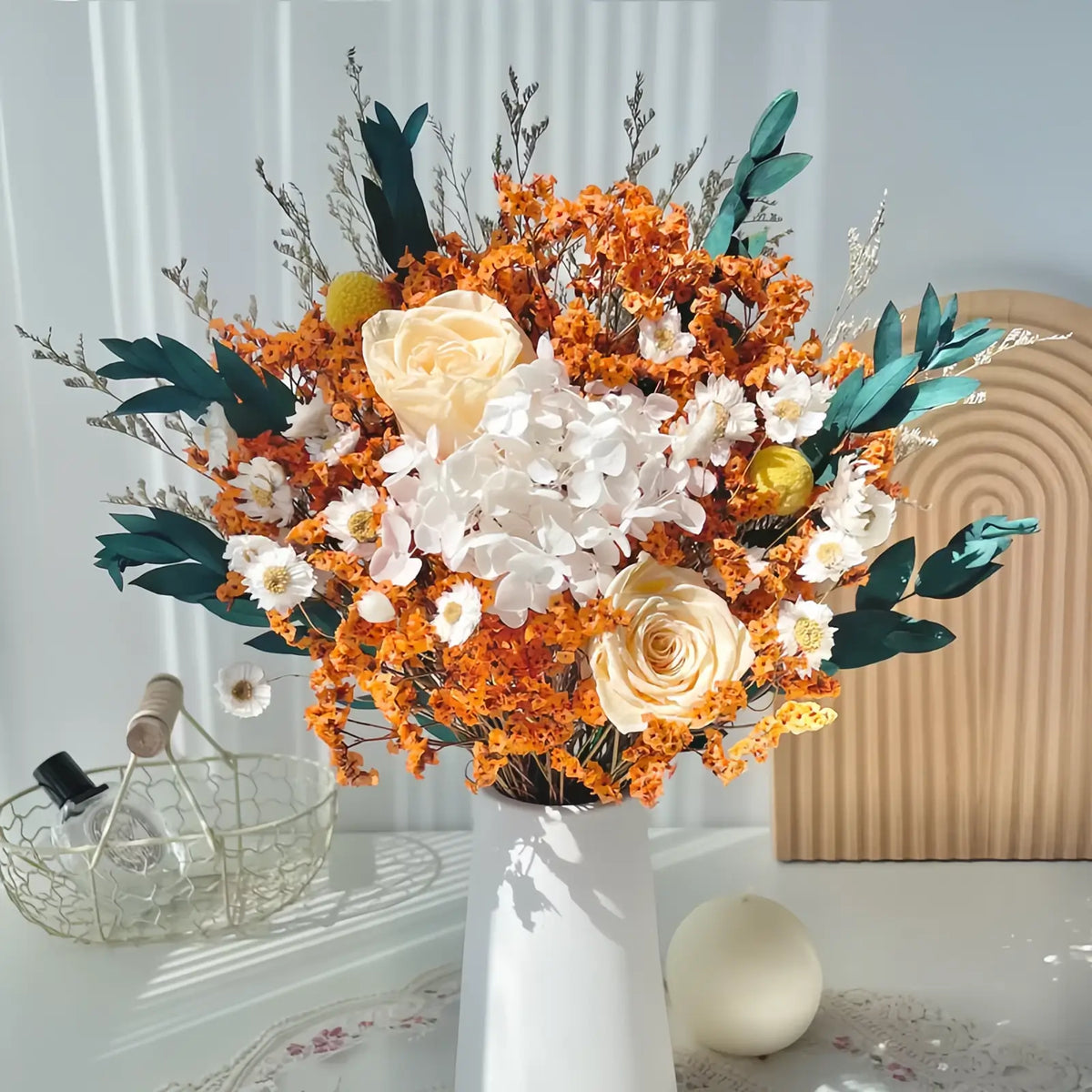 Opalfloral Orange Rose and Hydrangea Dried Flower Bouquet