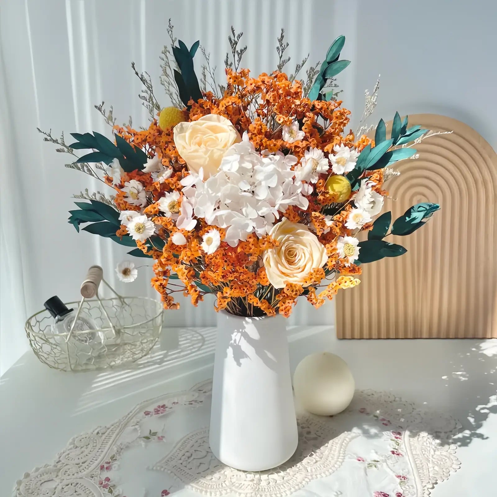 Opalfloral Orange Rose and Hydrangea Dried Flower Bouquet