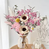 Opalfloral Pink Baby's Breath & Anemone Dried Flower Set – Modern Glass Vase Decor, 13.8'' Tall