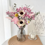 Opalfloral Pink Baby's Breath & Anemone Dried Flower Set – Modern Glass Vase Decor, 13.8'' Tall