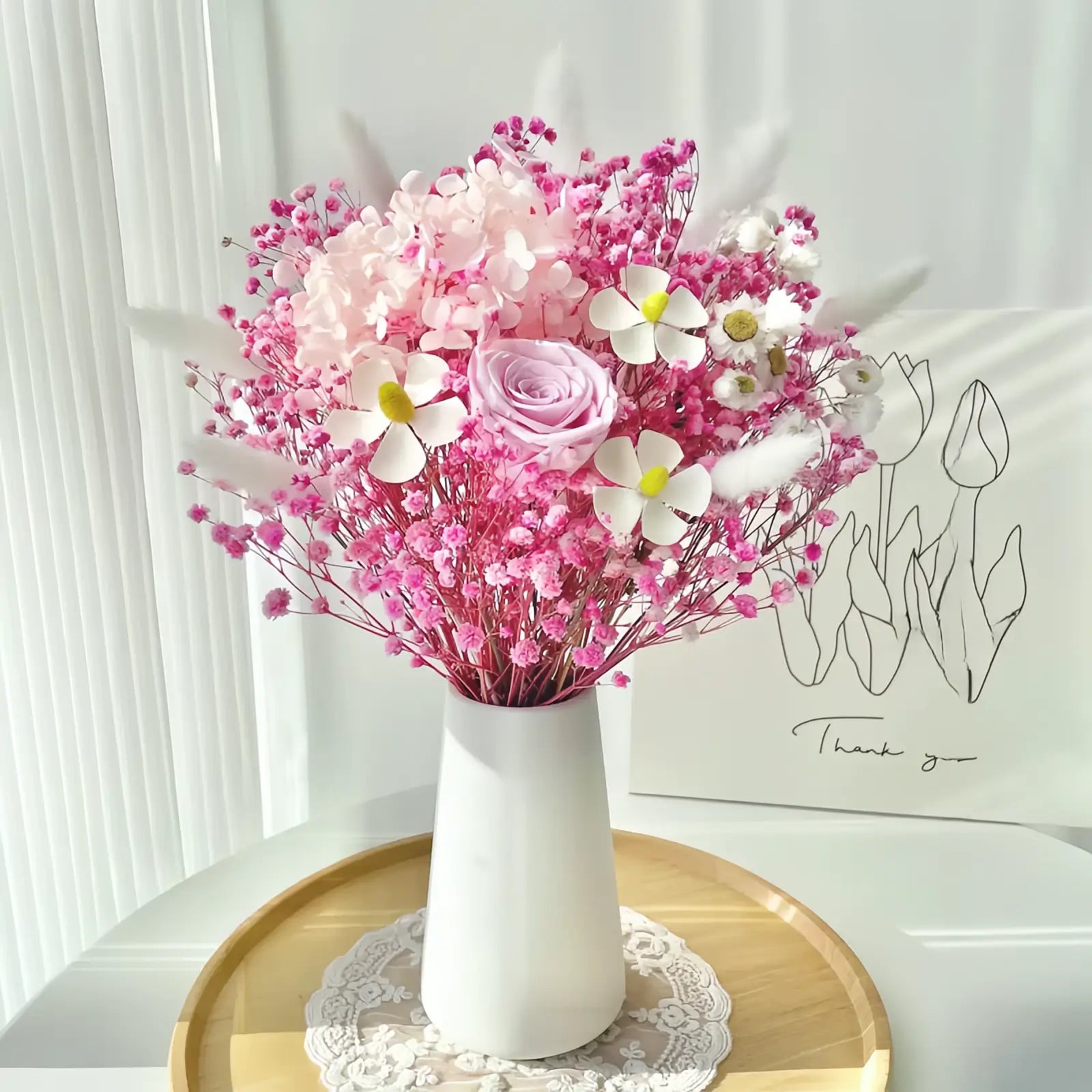 Opalfloral Pink Baby's Breath and Rose Dried Flower Bouquet