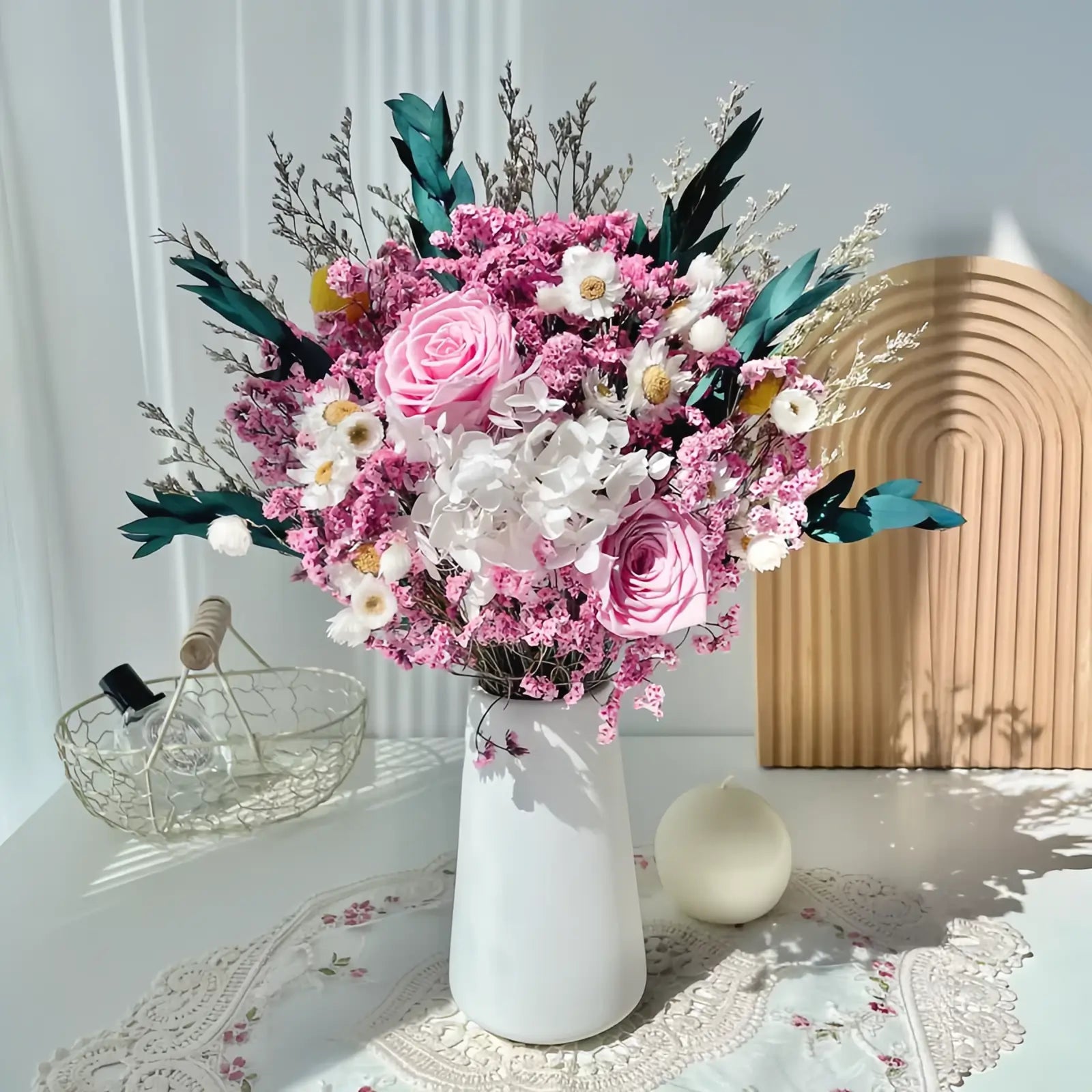 Opalfloral Pink Rose and Hydrangea Dried Flower Bouquet