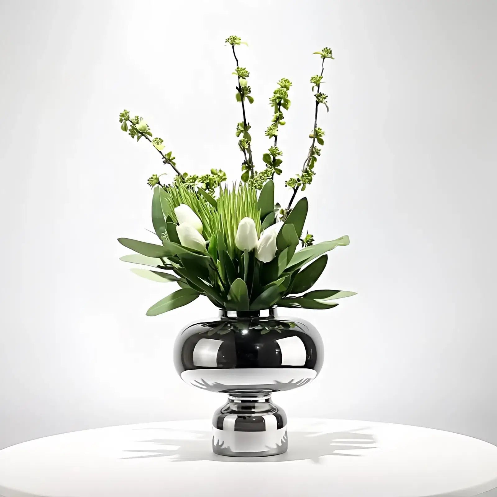 Opalfloral White Tulip and Greenery Artificial Arrangement with Silver Vase - Modern Elegance