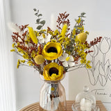 Opalfloral Yellow Anemone & Billy Button Dried Flower Set – Bright Centerpiece with Glass Vase, 13.8'' Tall